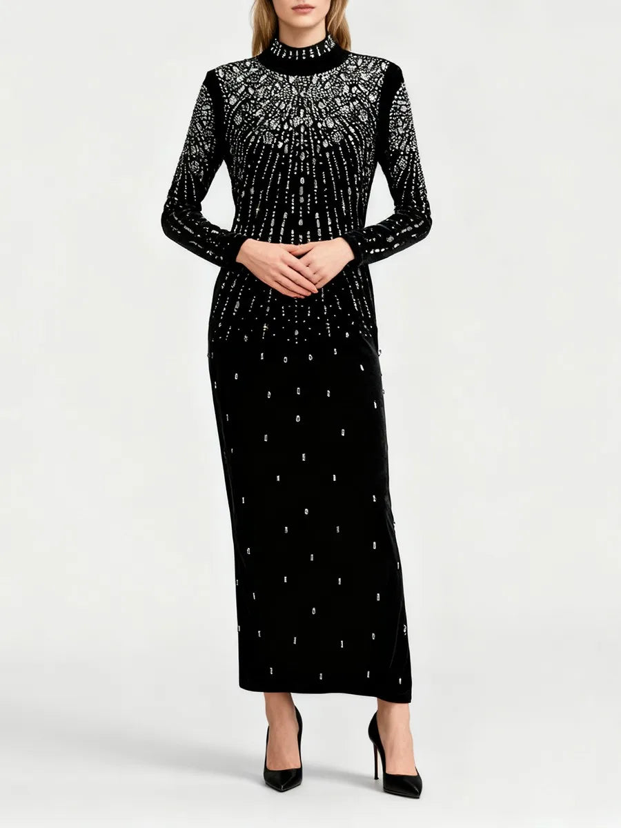Sequin beaded high neck maxi dress styled for evening wear