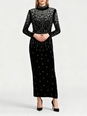 Sequin beaded high neck maxi dress styled for evening wear