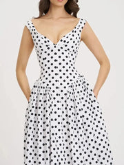 White Polka Dot V-Neck A-Line Midi Dress