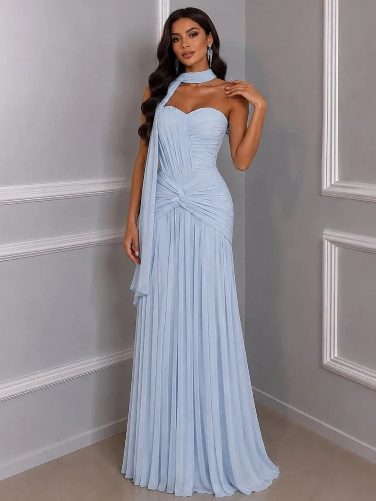 Light blue strapless knot gown