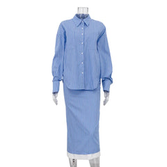 Mannequin wearing a blue and white striped outfit on a white background