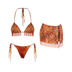 Beaded Print Bikini and Skirt Set