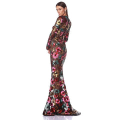 Floral embroidered mesh trumpet dress back view