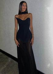 Strapless Asymmetric Neckline Mesh Patchwork Maxi Dress with Ribbon