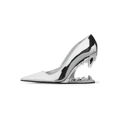 Silver high-heeled shoe on a white background
