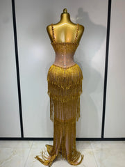 Rhinestone Tassel Mesh Strap Maxi Dress