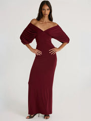 Burgundy draped off-shoulder ruched maxi dress front view