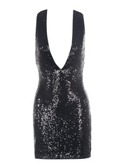 Black sequin dress with a deep neckline on a white background