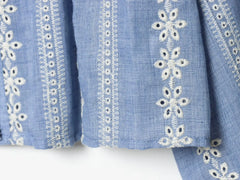 Embroidered Puff Sleeve Lapel Collar Casual Blouse Top
