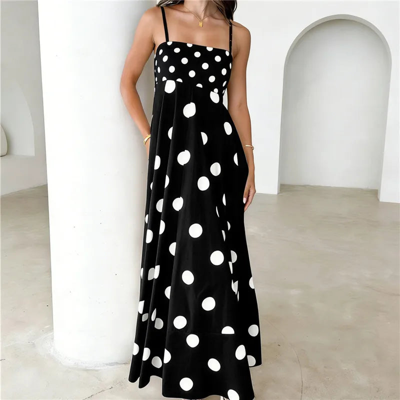Black and white polka dot maxi dress with spaghetti straps