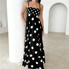 Black and white polka dot maxi dress with spaghetti straps