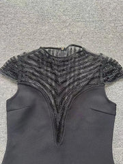 Mesh Yoke Sheath Dress with Beaded Embellishment and Cap Sleeves