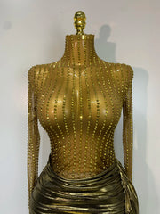Sequin Sheer Long Sleeve Turtleneck Metallic Draped Mini Dress