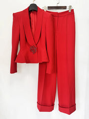 Red blazer and wide leg pant set hanging