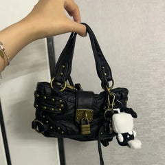 Lock Accent PU Mini Satchel Bag – Black, Orange & Leopard Print