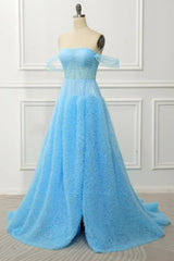 Light blue off-shoulder evening gown on a mannequin against a white wall.