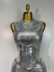 Metallic Bandage Mock Neck Tank Top and Mini Skirt Set