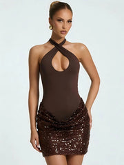 Cross Neck Ruched Sequin Mini Dress