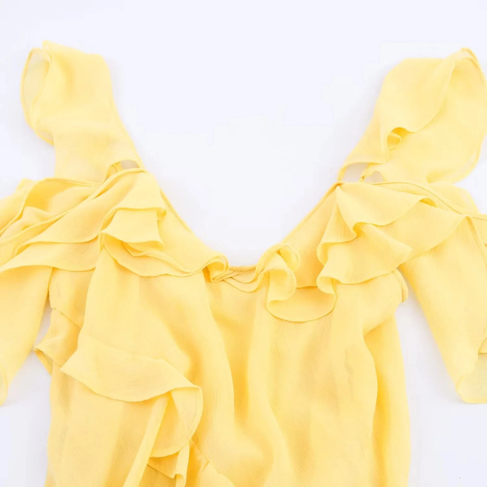 Tiered ruffle cold shoulder midi dress neckline detail