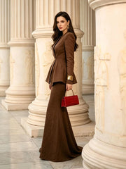 Brown blazer and mermaid skirt set, side profile
