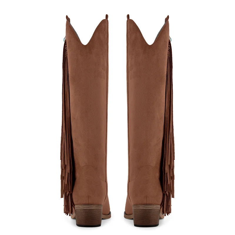Back view of fringe detail pointed toe western boots