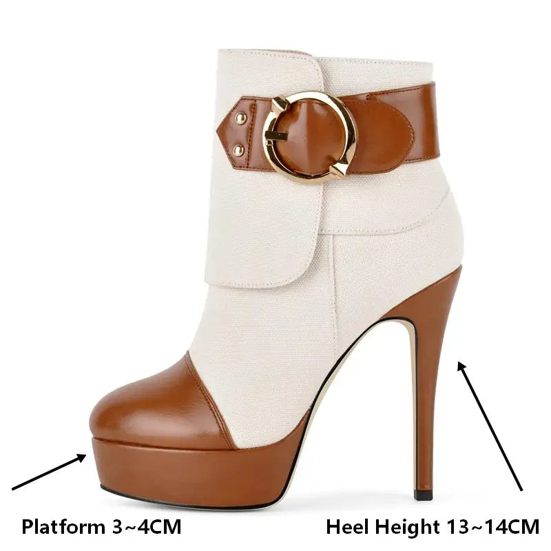 Canvas and brown leather platform stiletto ankle boots with measurement indicators for platform and heel height.