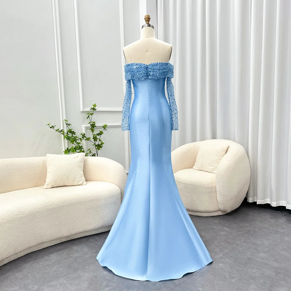 Light blue evening gown on a mannequin against a neutral background