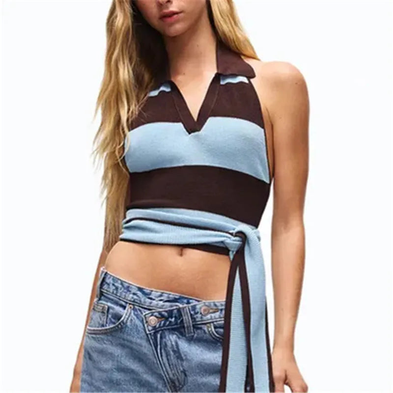 Back view of the striped knit halter crop top showing the tie detail