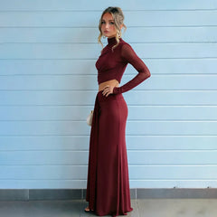 Mock Neck Mesh Crop Top Draped Maxi Skirt Set