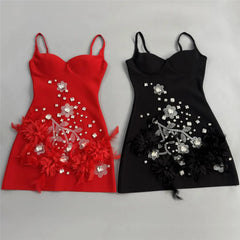 Red rhinestone and feather embellished mini dress