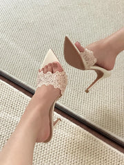 Pointed Toe Lace Mule Heels