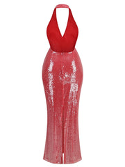 Pink Halter Deep V-Neck Sequin Gown with Fluid Drape