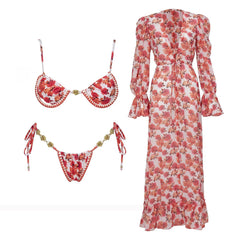 Printed Triangle Bikini and Scarf Two-Piece Set
