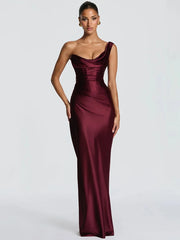 One shoulder cowl neck maxi dress in burgundy satin