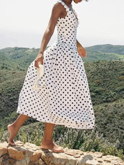 White Polka Dot V-Neck A-Line Midi Dress