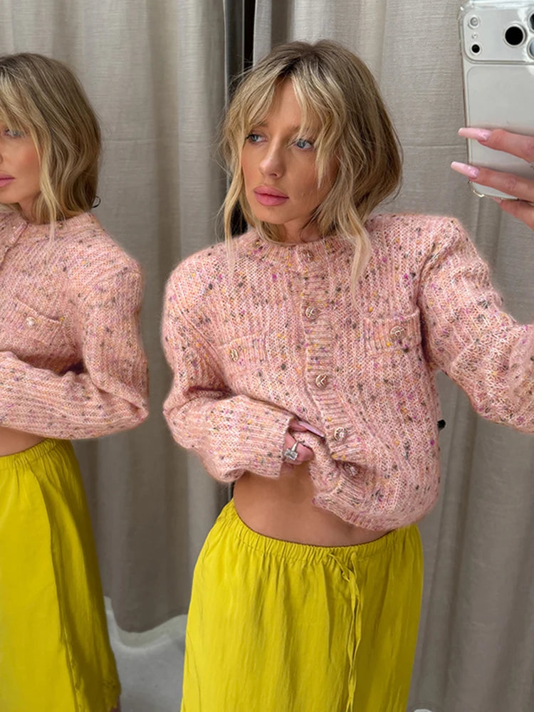 Bouclé button front coat on model