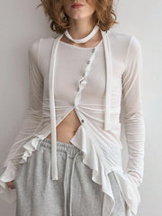 Velvet Asymmetrical Buttoned Ruffle Hem Top