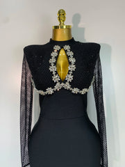 Close-up of beaded neckline on maxi dress
