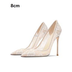 Beige lace high-heeled shoes on a white background with text indicating heel height.