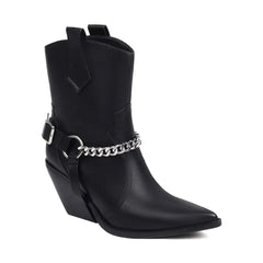 Black pointed toe block heel ankle boot with chain detail