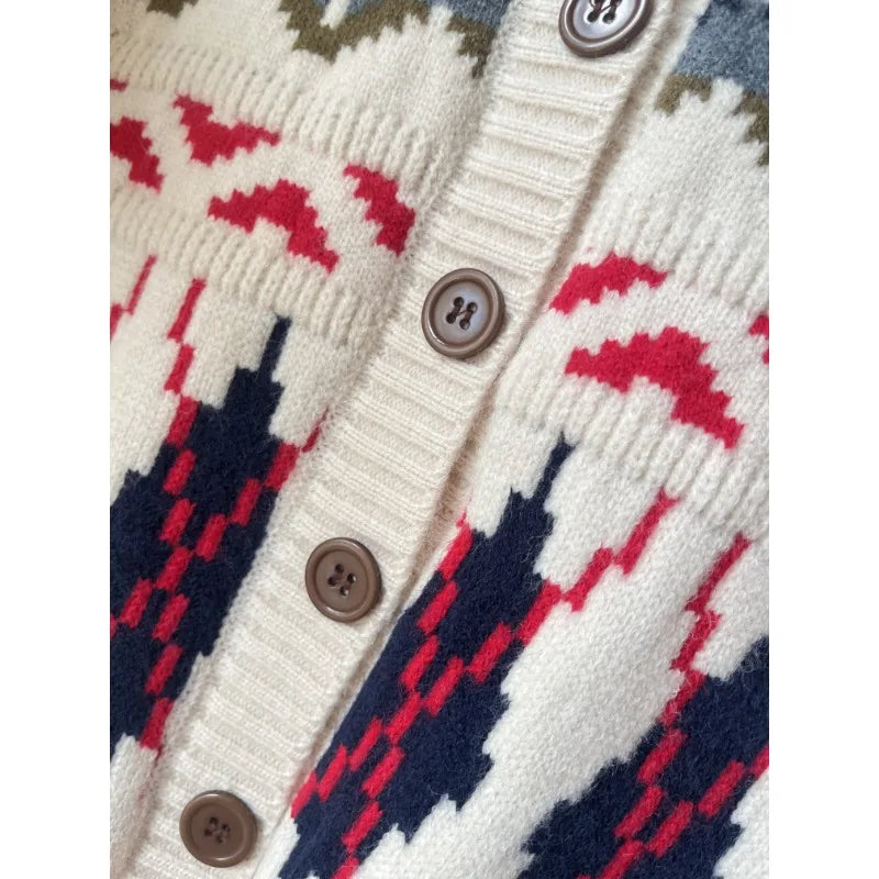 Close-up of a patterned cardigan with buttons