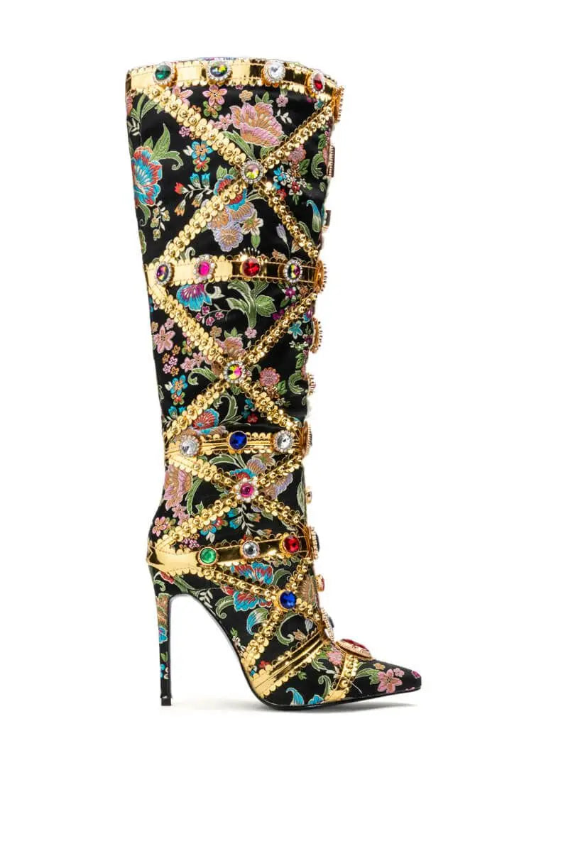 Decorative knee-high boot with floral and geometric patterns