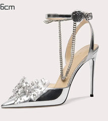 Silver Chain Ankle Stiletto Heels | Butterfly-Knot Party Sandals