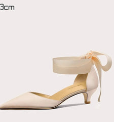 Beige Silk Ribbon-Tie Heels | Platform Bow Ankle Party Pumps