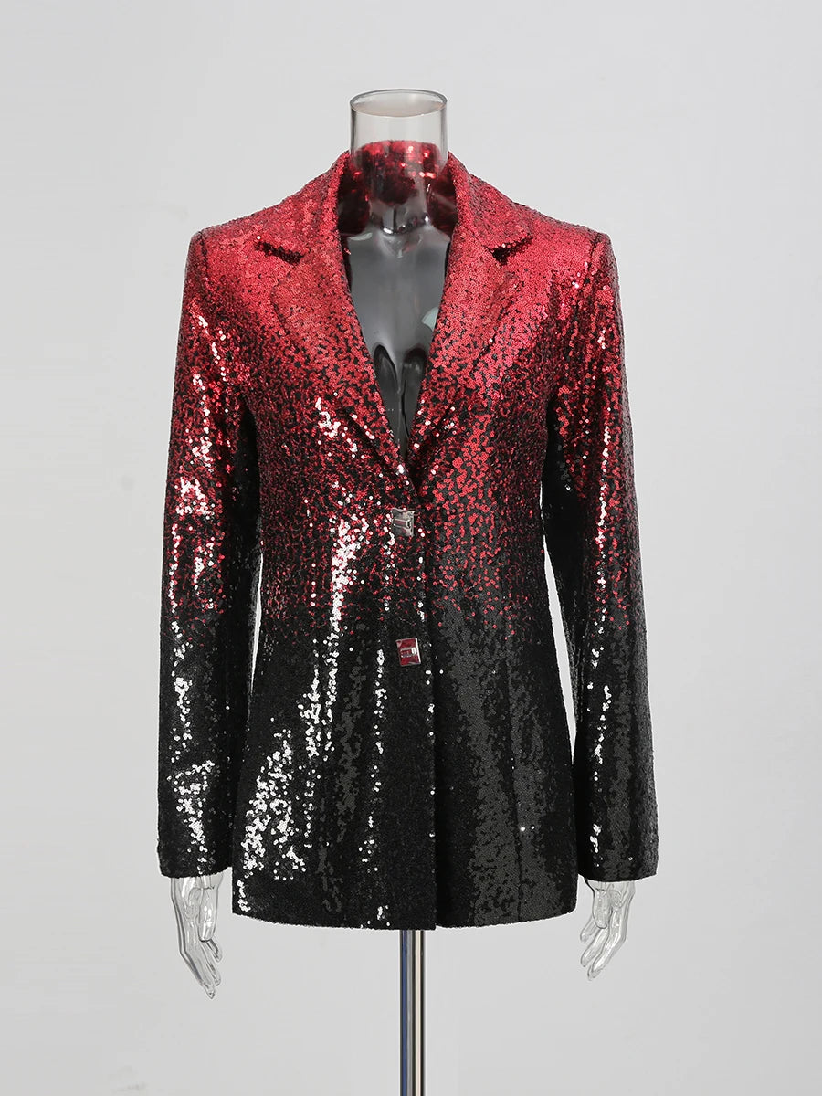 Red and black sequin jacket on a mannequin against a gray background