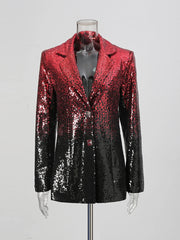 Red and black sequin jacket on a mannequin against a gray background