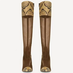 Pair of snake print mesh stiletto knee-high boots front view