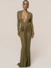 Maxi dress with deep V-neck and ruched detailing