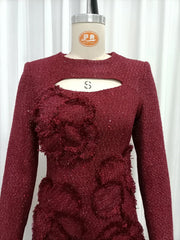 Red Long Sleeve Mesh Sequin 3D Flower Maxi Dress