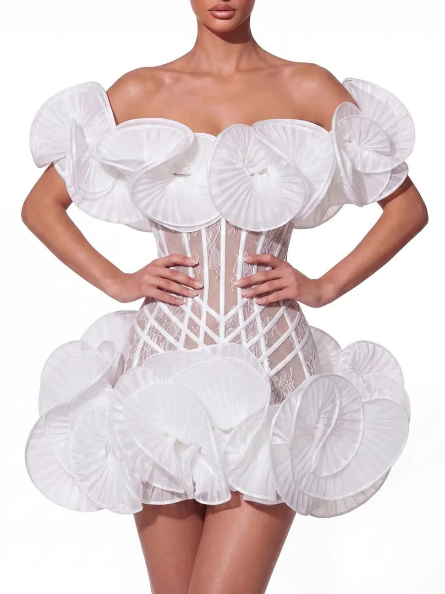Off shoulder ruffle mini dress front with hands on hips